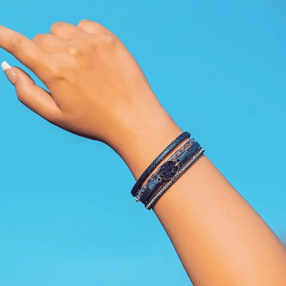 Women's Navy Blue Boho Leather Wrap Stackable Chunky Crystal Cuff Bracelets
